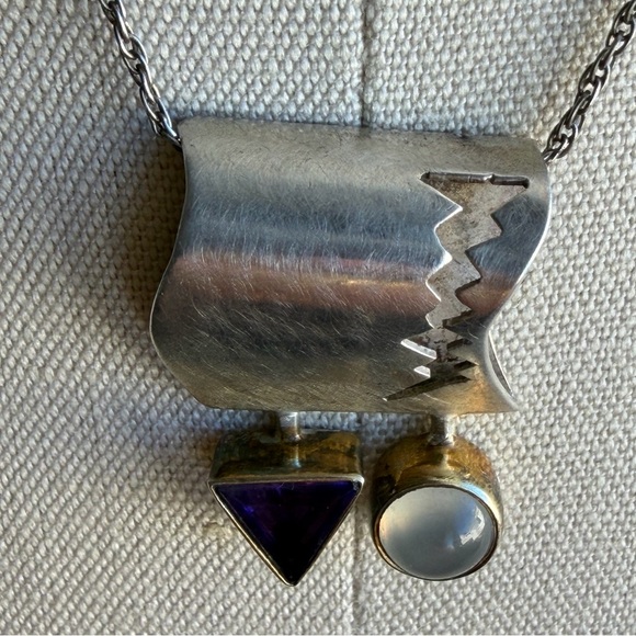 WRE Vintage Artisan Abstract Modernist Amethyst White Stone 925 Pendant Necklace - Picture 12 of 15
